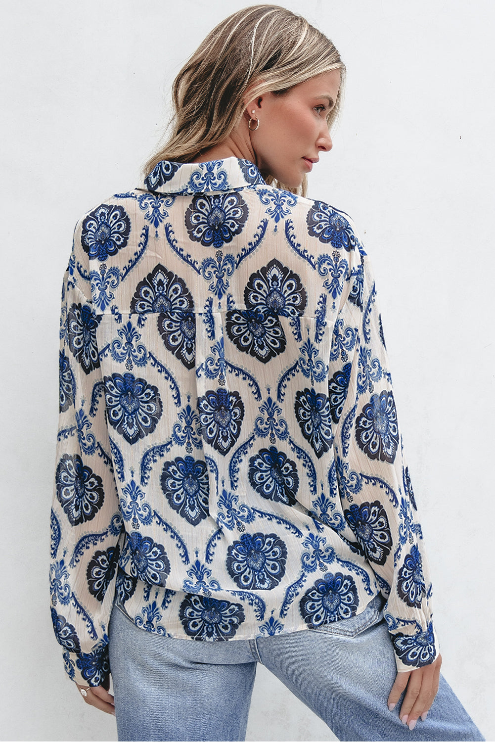 Blue Tribal Pattern Buttoned Front Loose Shirt Dear-Lover Dropshipping