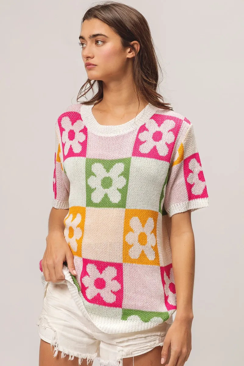 Flower Checker Pattern Lightweight Sweater Top.
