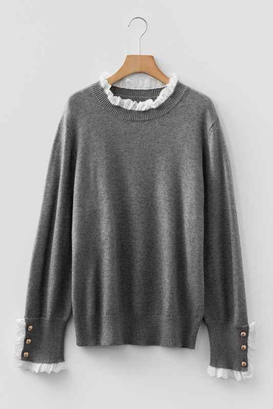 Lace Trim Patchwork Buttoned Cuff Sweater