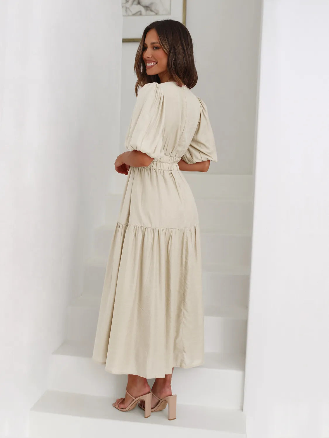 Tiered Surplice Half Sleeve Midi Dress.