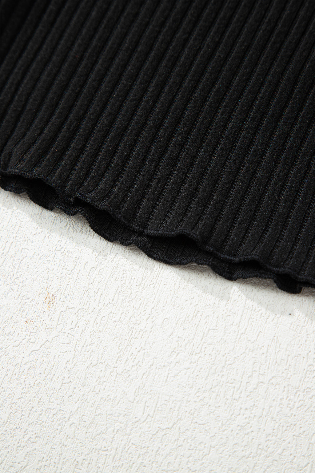 Black Lace Neckline Button Decor Lettuce Edge Long Sleeve Ribbed Top