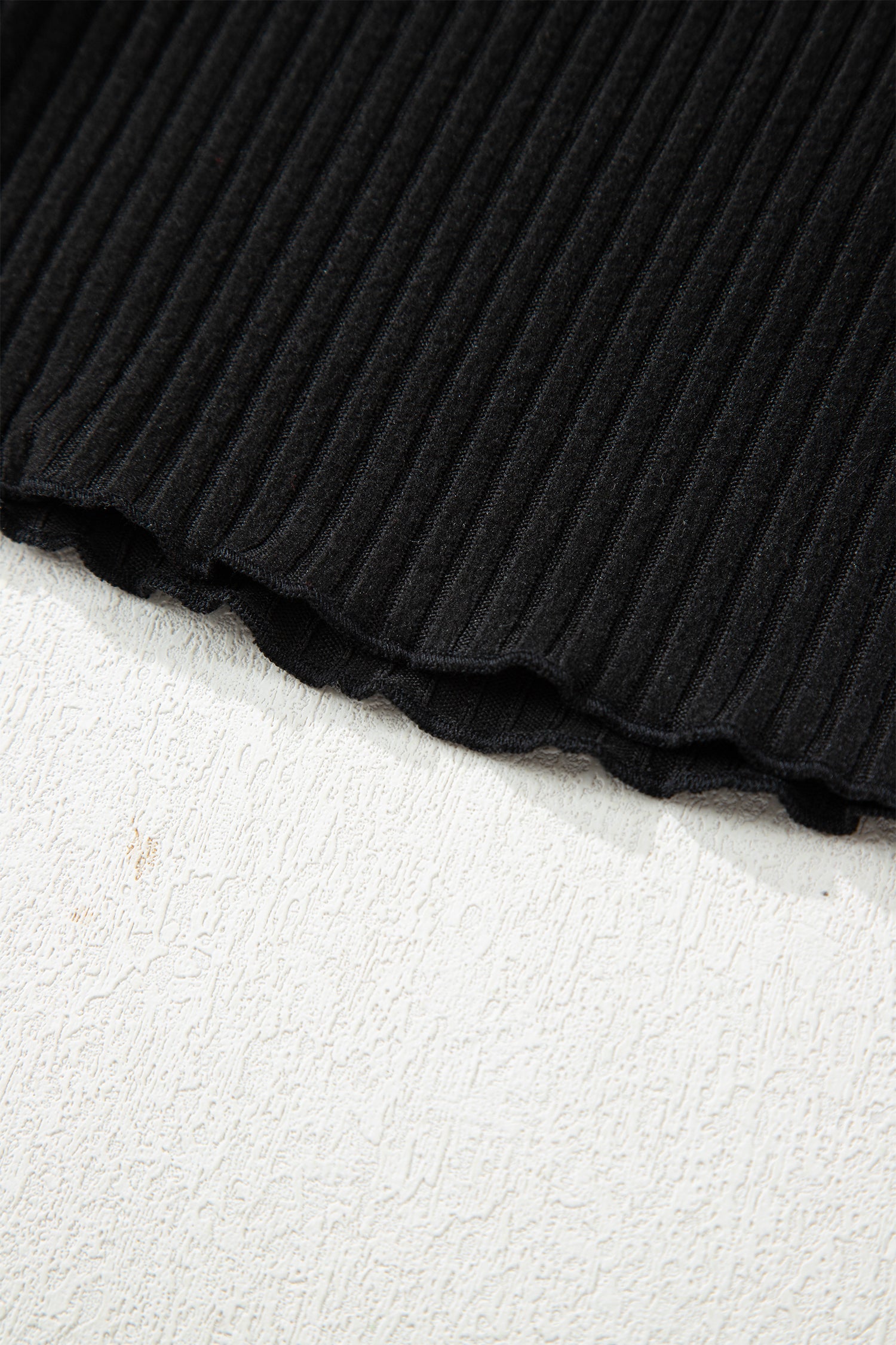 Black Lace Neckline Button Decor Lettuce Edge Long Sleeve Ribbed Top