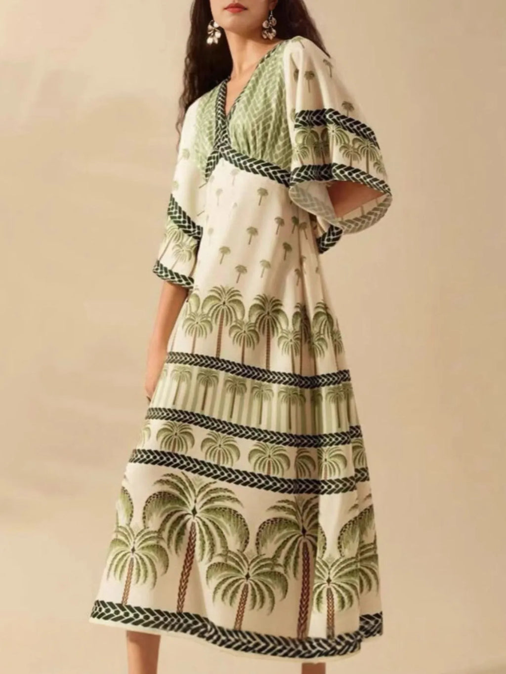 Palm Print V-Neck Midi Dress.
