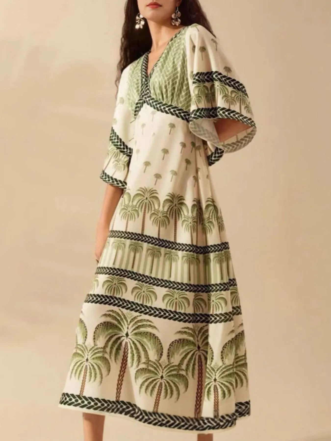 Palm Print V-Neck Midi Dress.