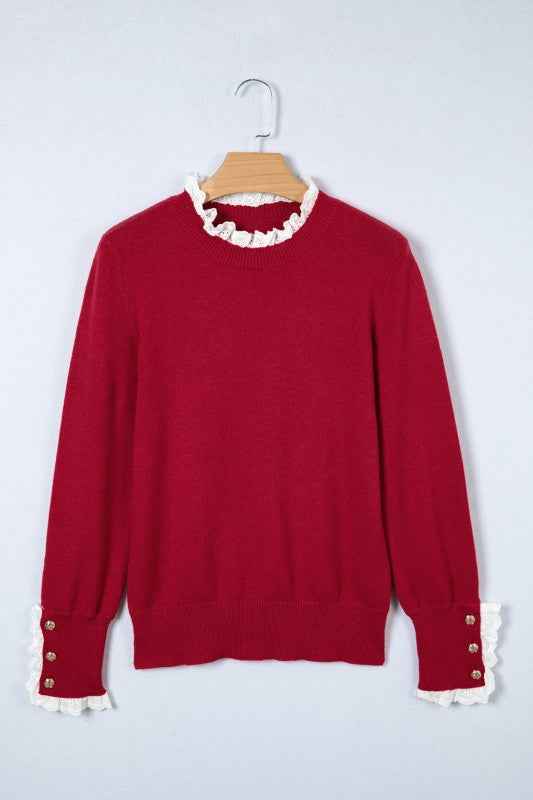 Lace Trim Patchwork Buttoned Cuff Sweater