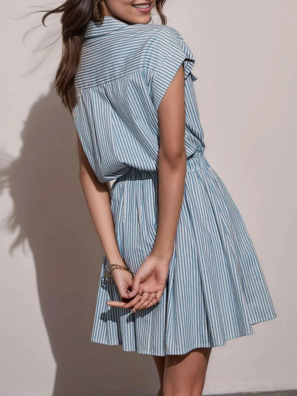 Hlaf Button Striped Cap Sleeve Mini Shirt Dress.