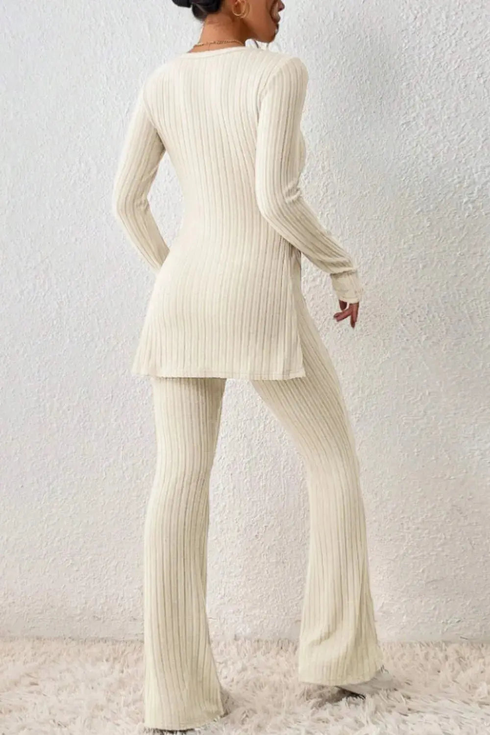 Ribbed Long Sleeve Slit Top and Bootcut Pants Set.