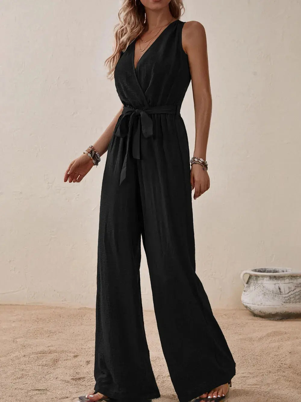 Honey Tied Surplice Sleeveless Wide Leg Jumpsuit.