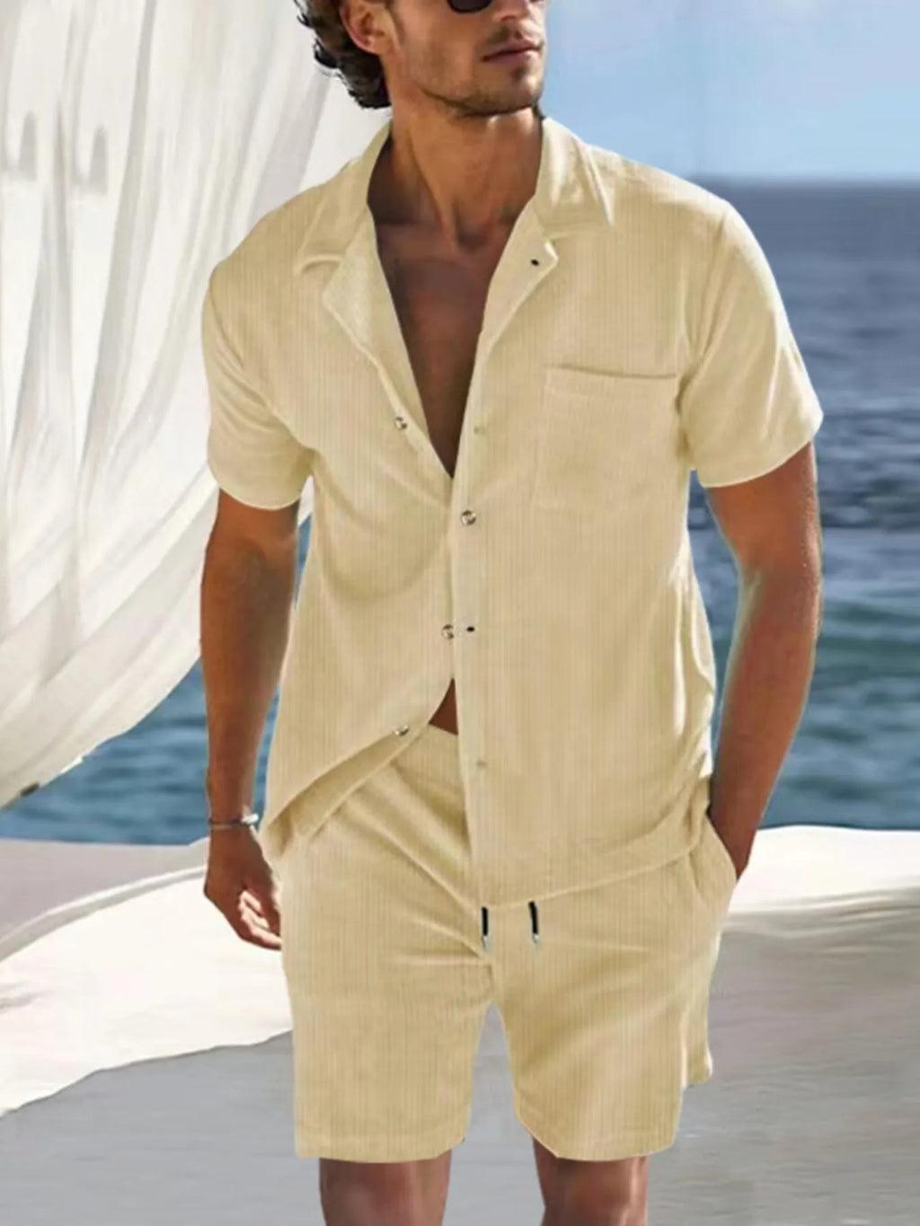 Men's Button Detail Short Sleeve Top and Shorts Set Plus Size.