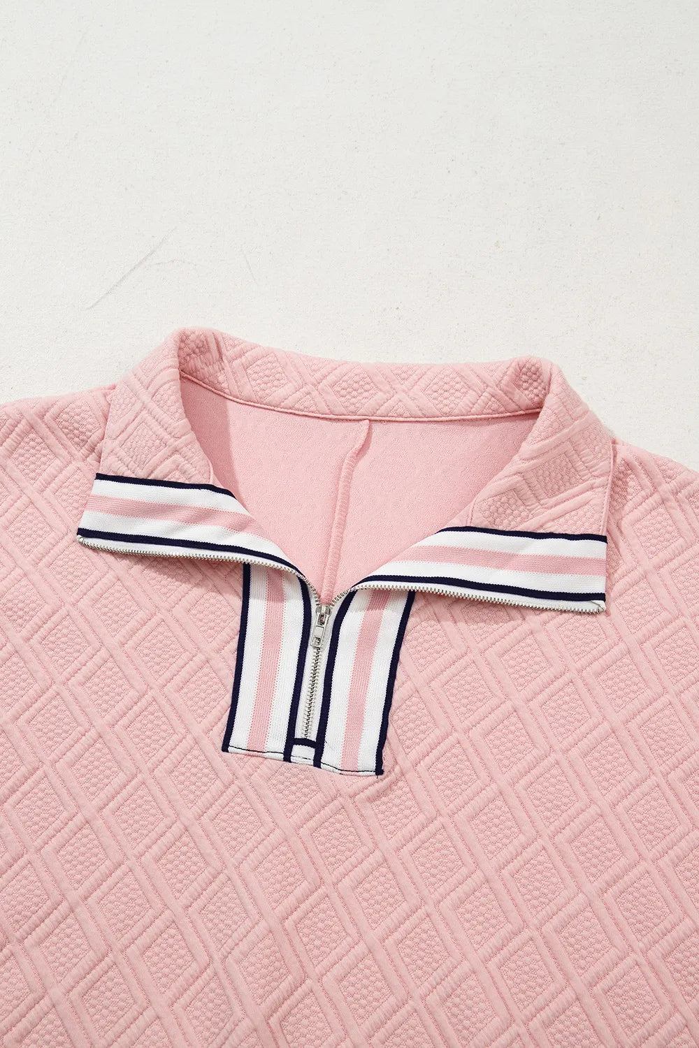 Contrast Striped Collar Patchwork Textured Half Sleeve Blouse.