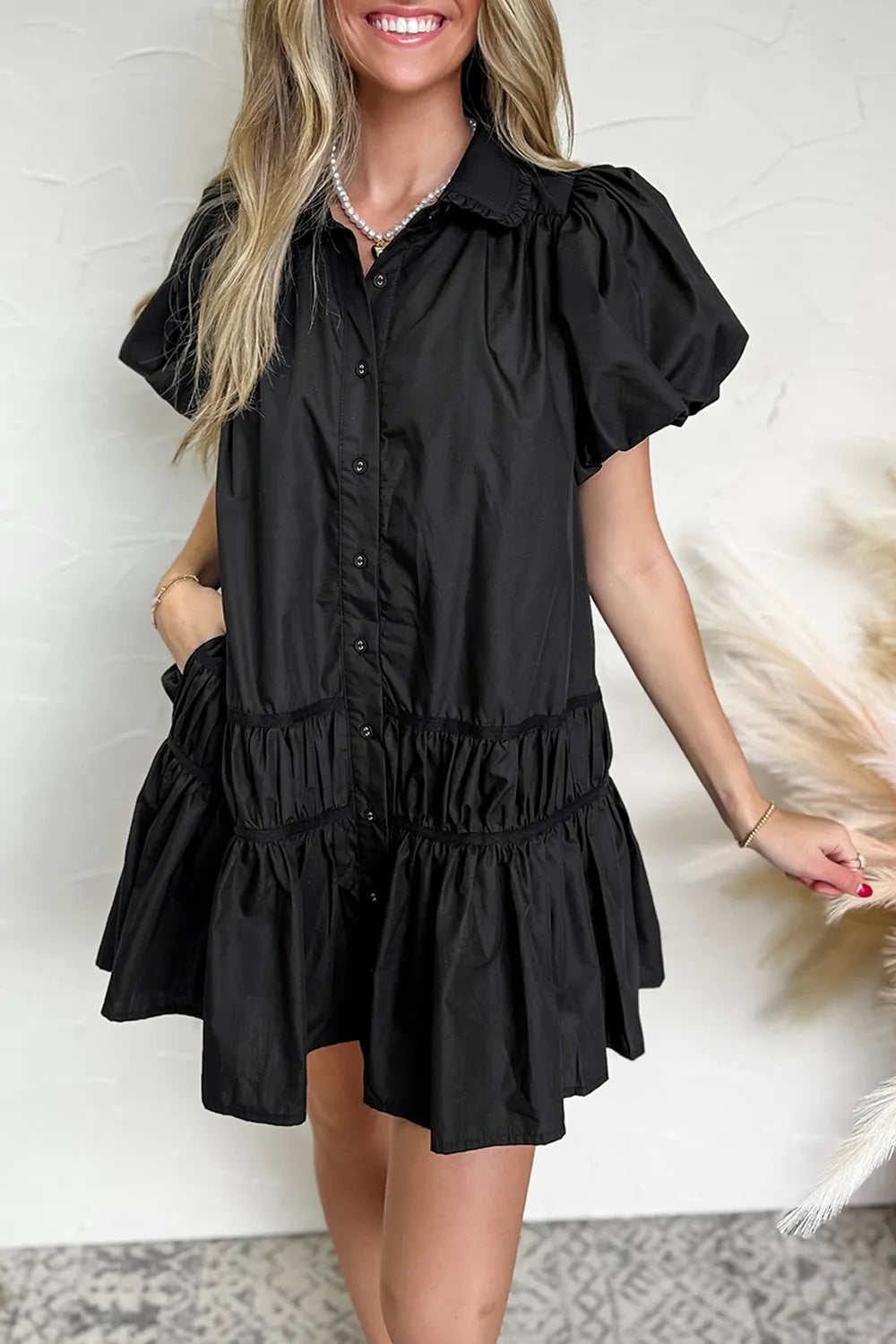 Button Down Puff Sleeve Ruffle Hem Dress.
