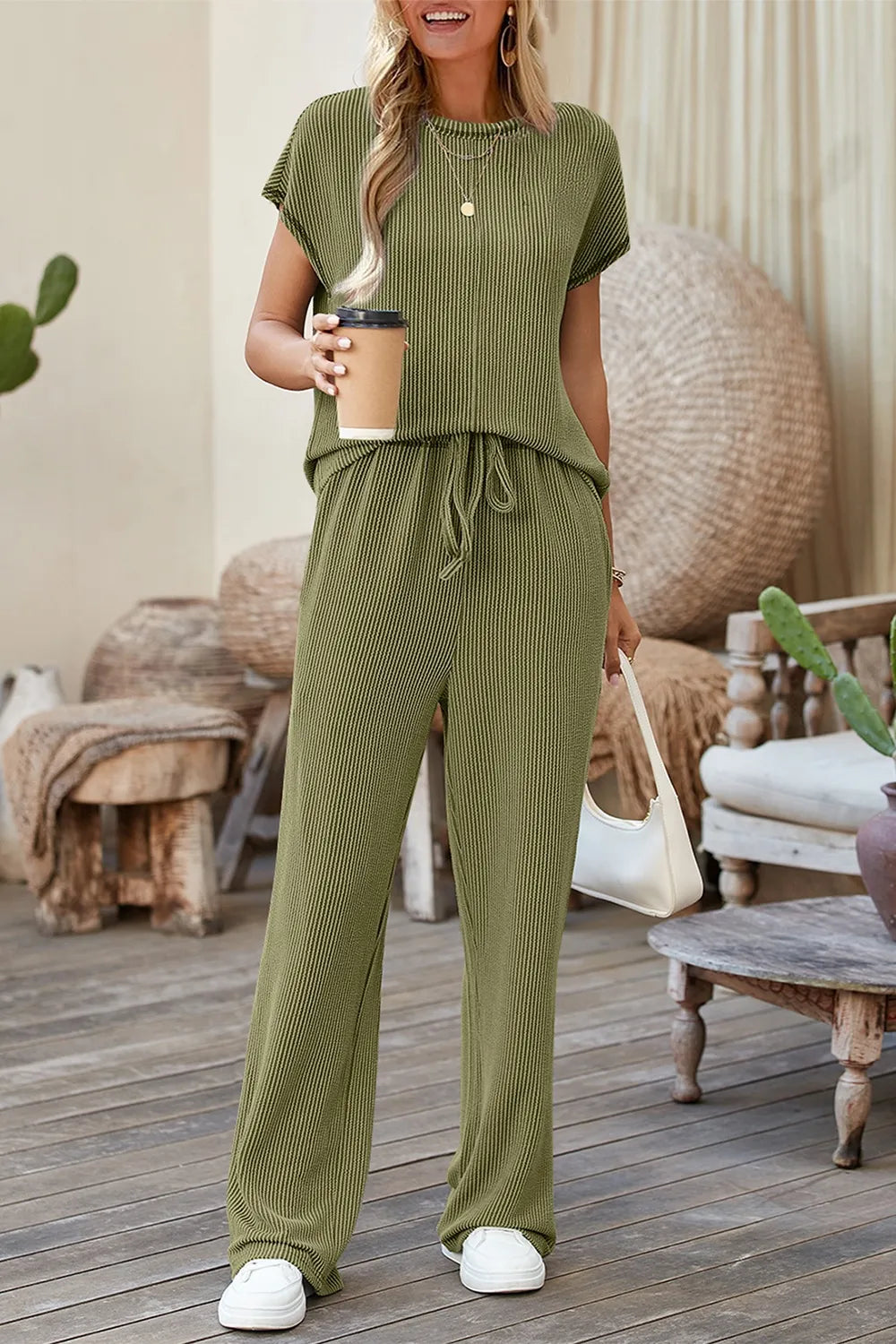 Solid Color Corded Short Sleeve Top and Casual Pants Set.
