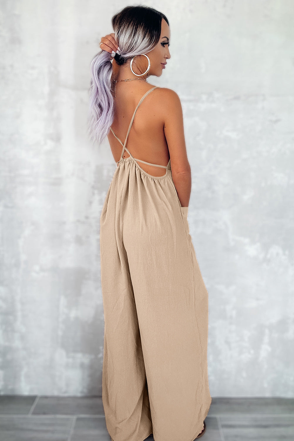 Apricot Spaghetti Straps Waist Tie Wide Leg Jumpsuit with Pockets Dear-Lover Dropshipping