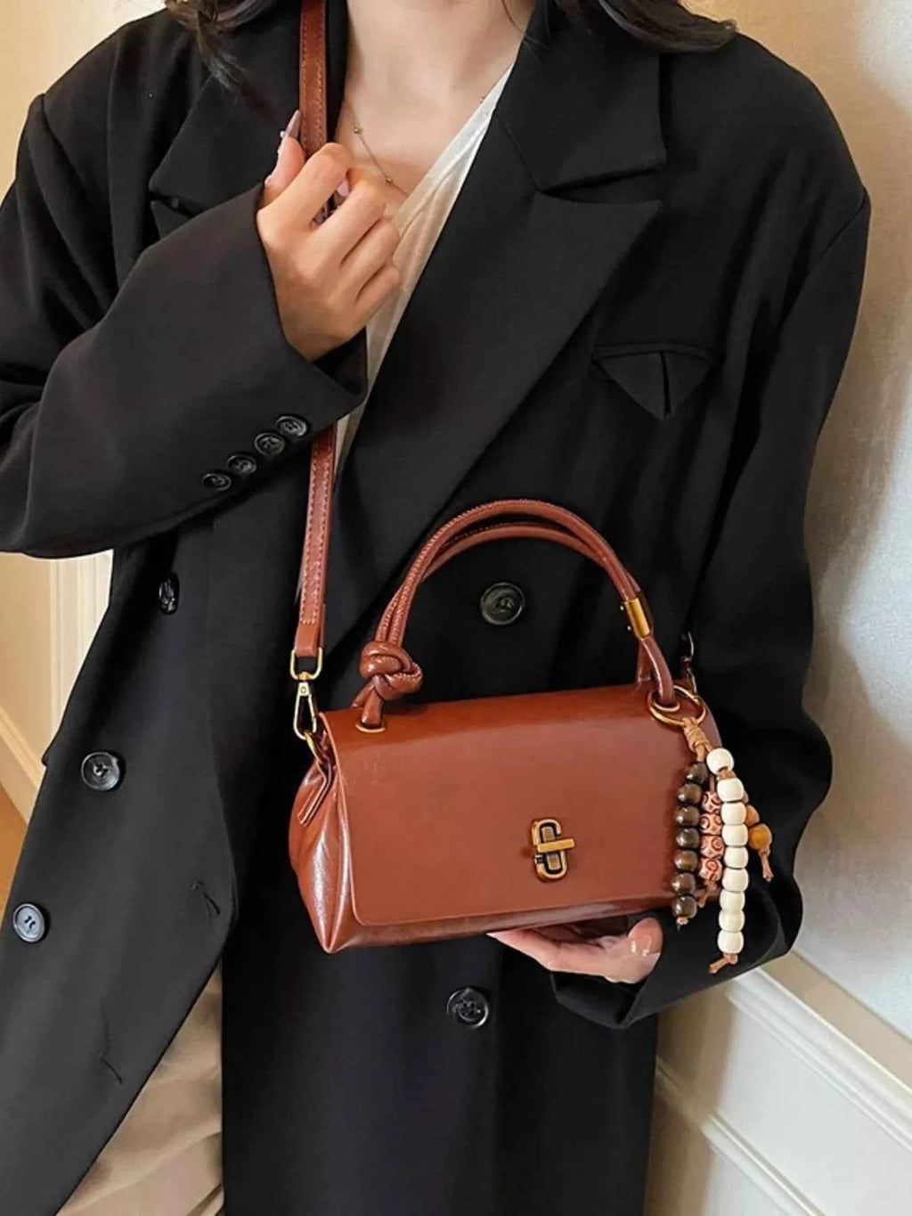 Leather Crossbody Bag with Bead Charm