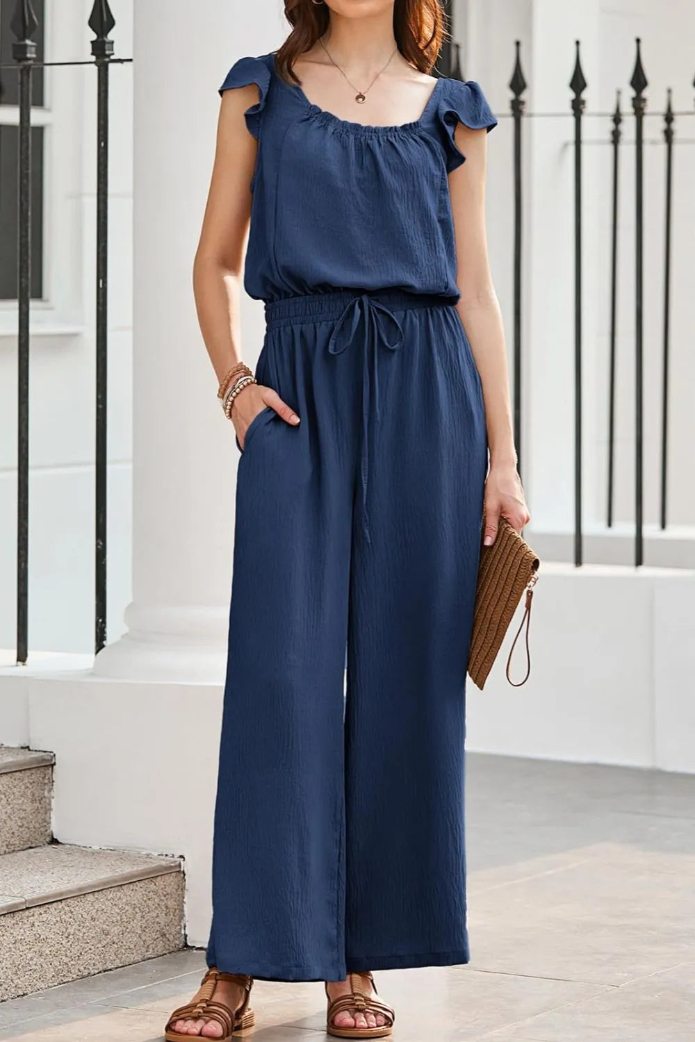 Ruffled Sleeve Wide Leg Jumpsuit.