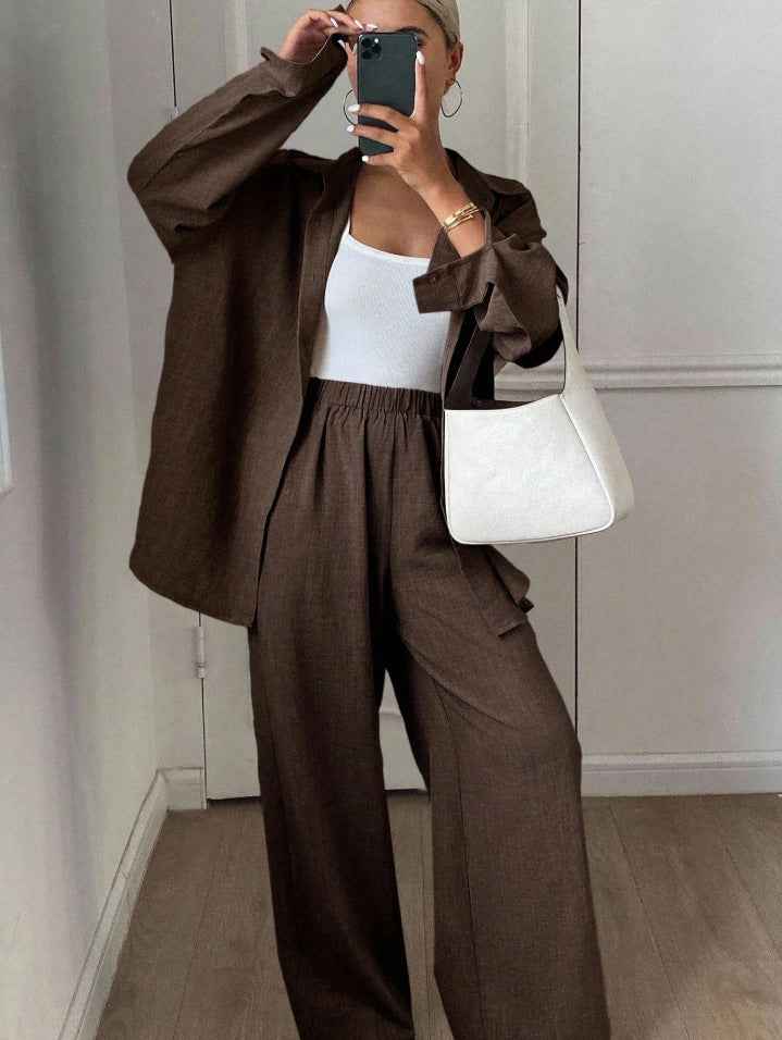 Womens Solid-Color Casual Loose Cotton-Linen Long-Sleeve Shirt And Pants Set