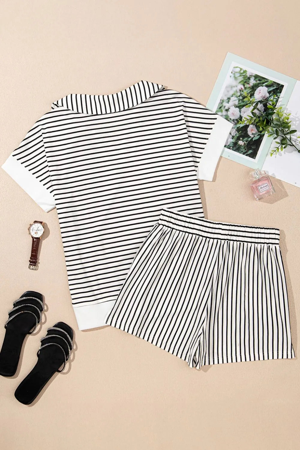 Stripe V Neck Tee and Casual Shorts Set.