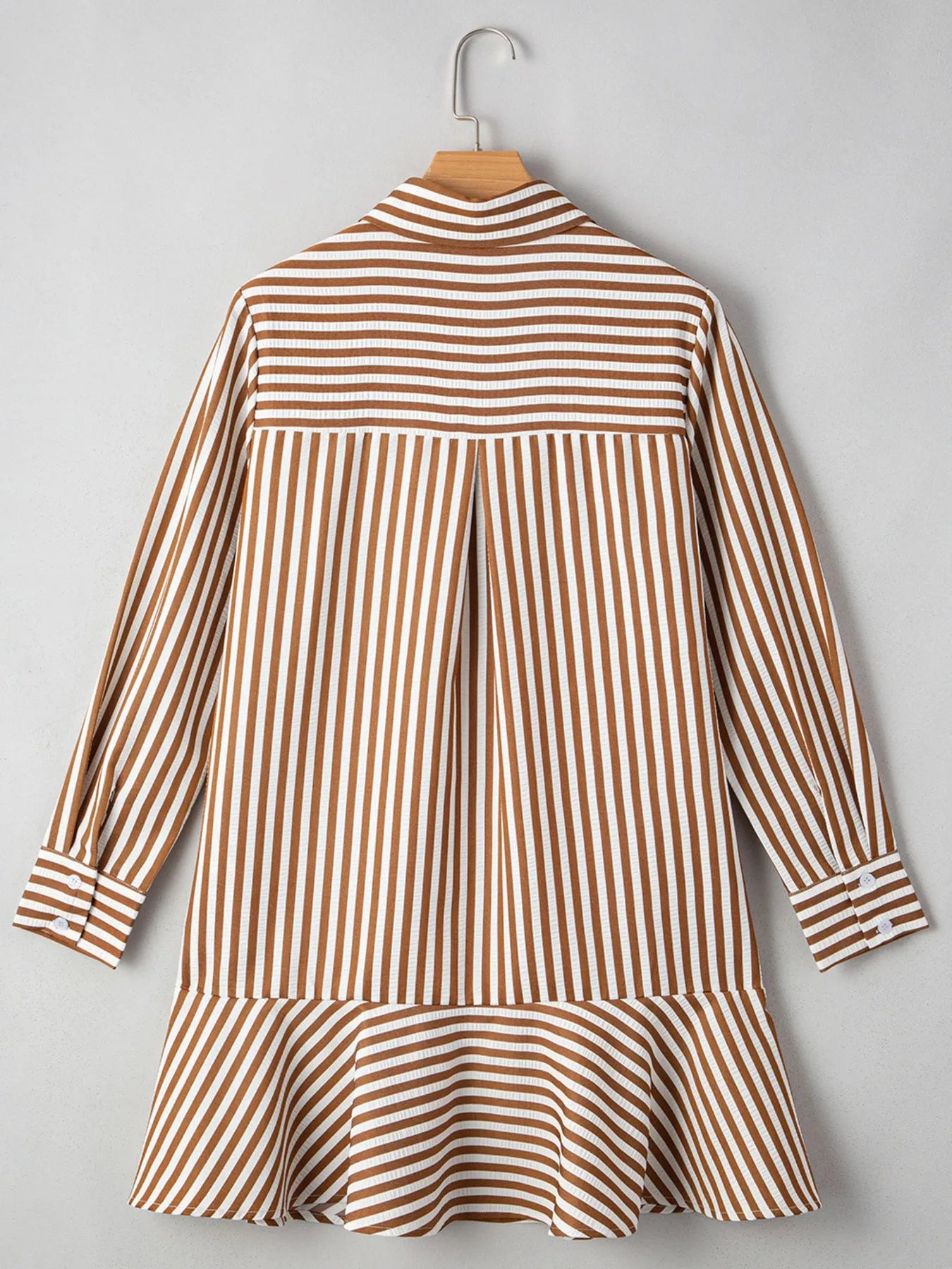 Stripe Ruffled Hem Collared Long Sleeve Shirt Mini Dress.