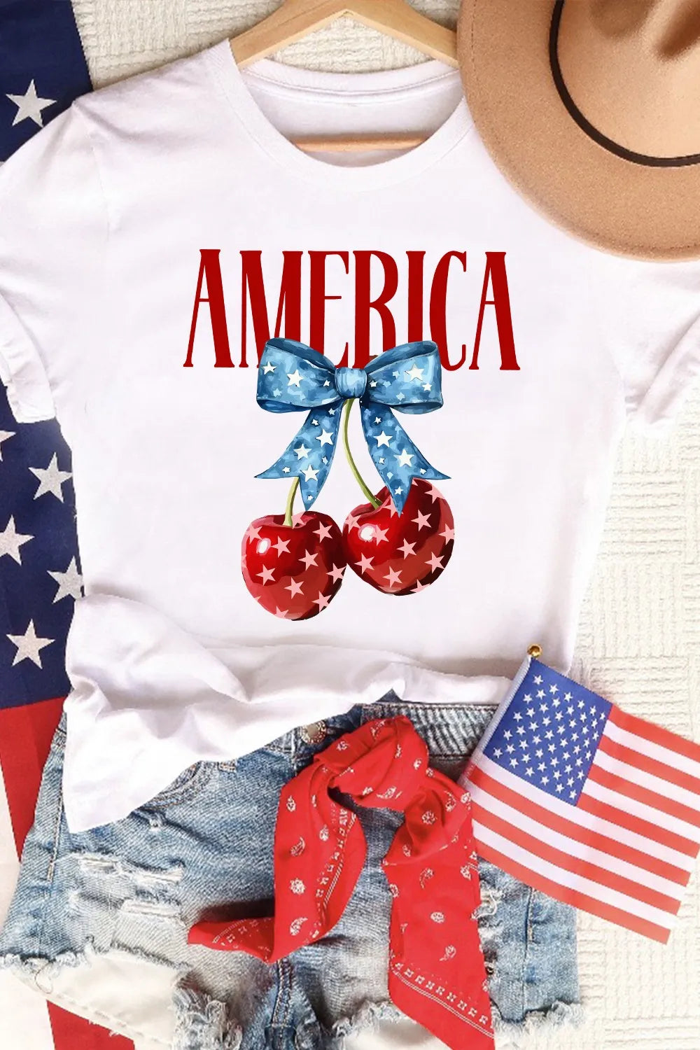AMERICA Bow Cherry Crewneck T Shirt.