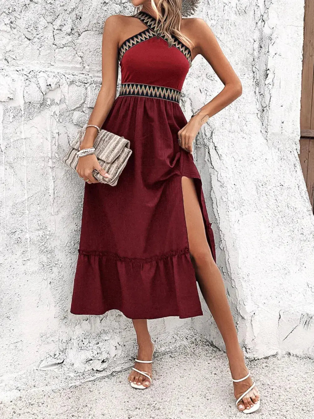 Devine Ruffled Slit Sleeveless Midi Dress.
