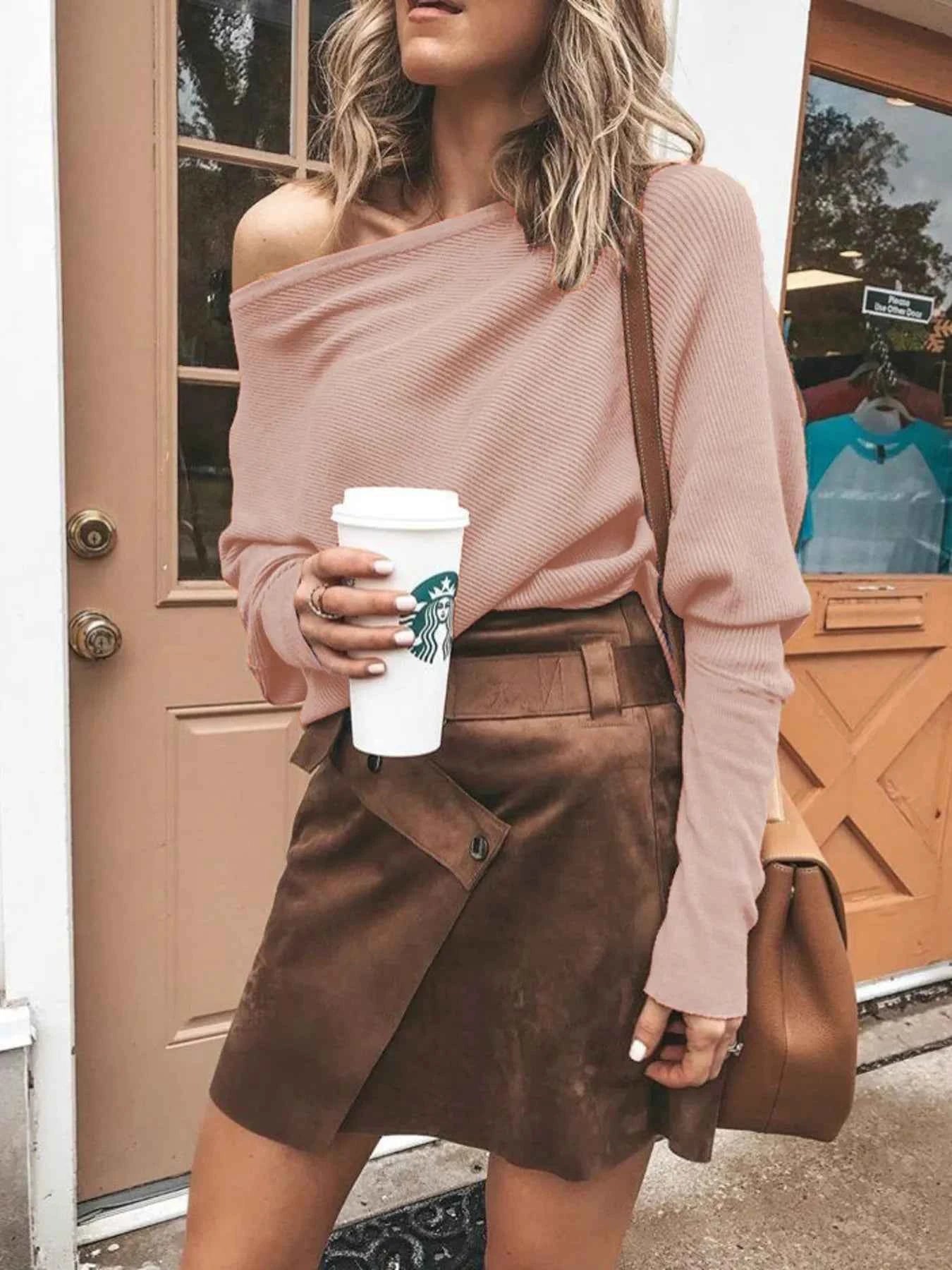 Full Size One-Shoulder Ribbed Sweater Plus Size.