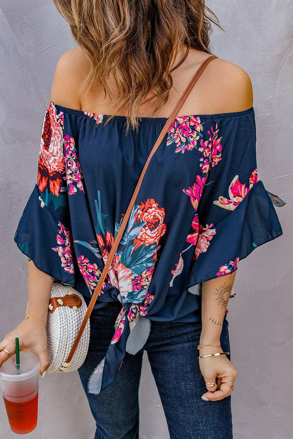 Printed Off-Shoulder Flounce Sleeve Top.