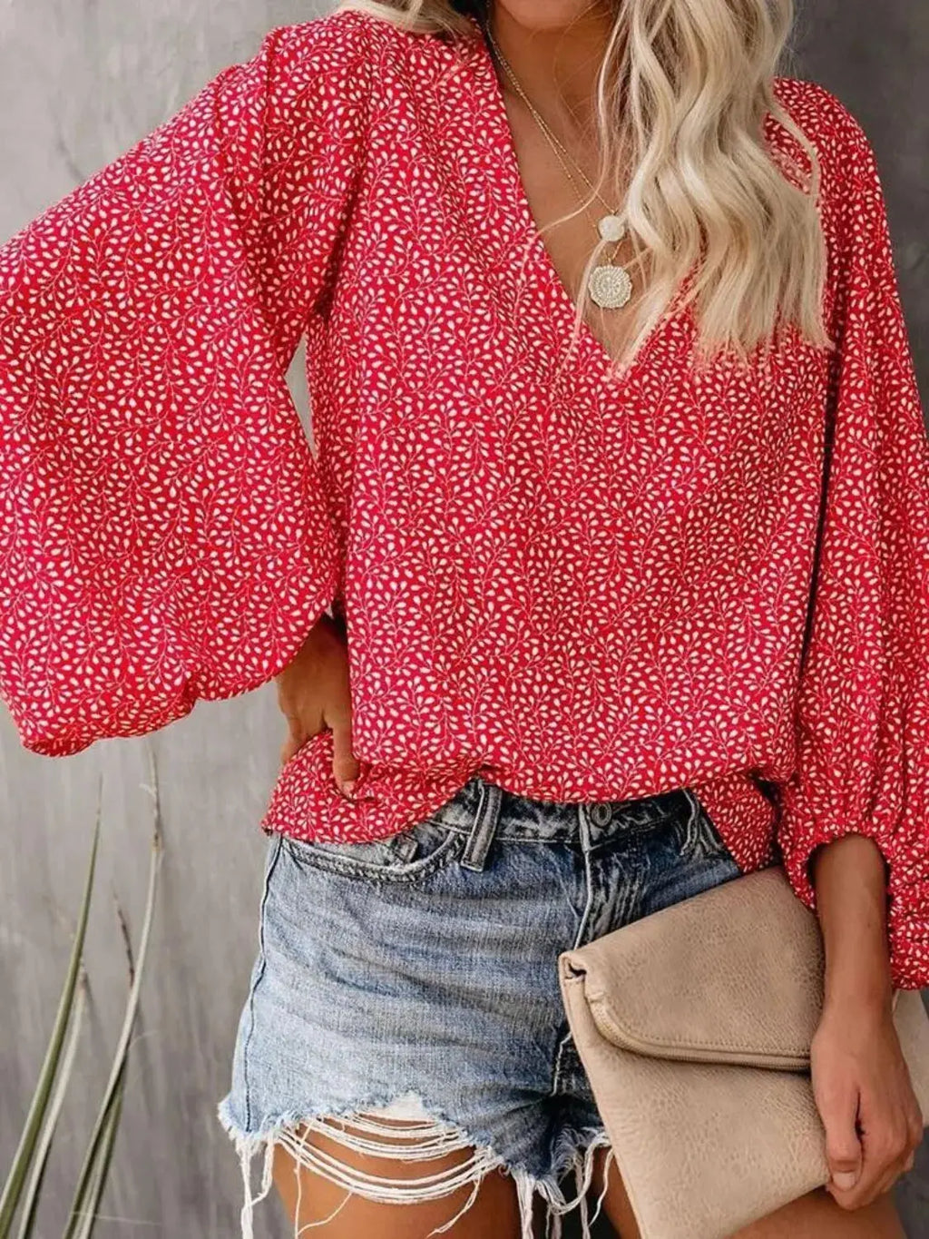Printed V-Neck Long Sleeve Blouse.