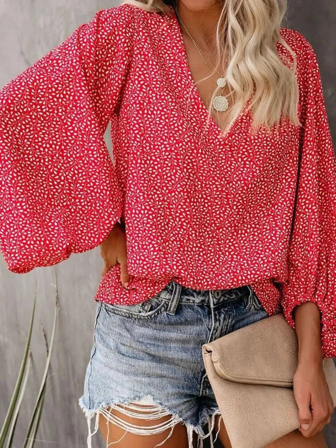 Printed V-Neck Long Sleeve Blouse.