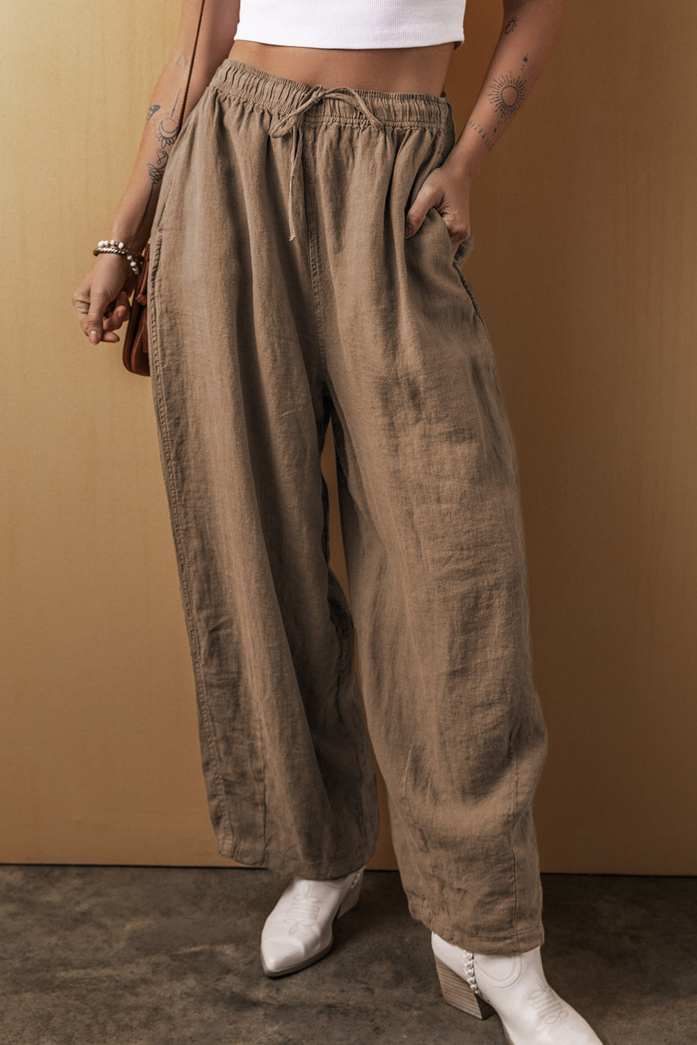Desert Palm Cotton Linen Drawstring Waist Wide Leg Pants Dear-Lover Dropshipping