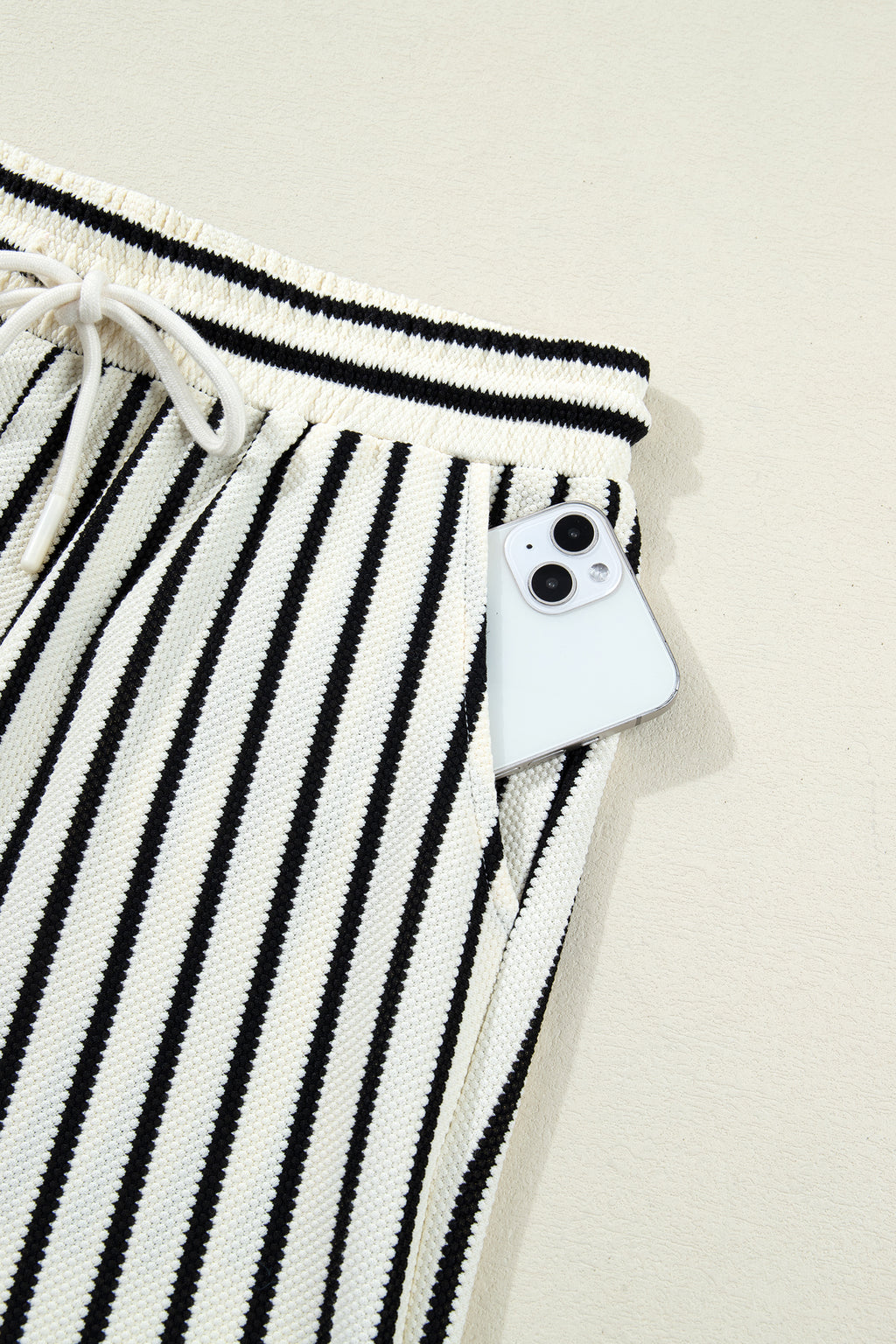 White Stripe Ruffle Trim Drop Shoulder Top Drawstring Loose Pant Set