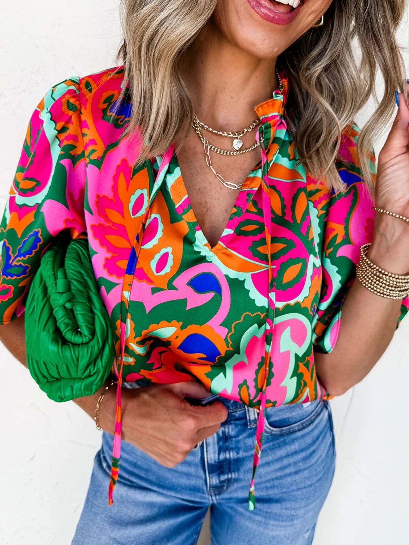 Tropical Print Short Sleeve Tie Neck Blouse.