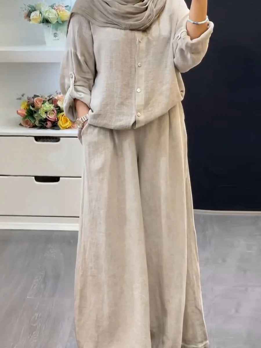 Cotton-linen Solid-color Shirt Set With Loose-fitting Trousers