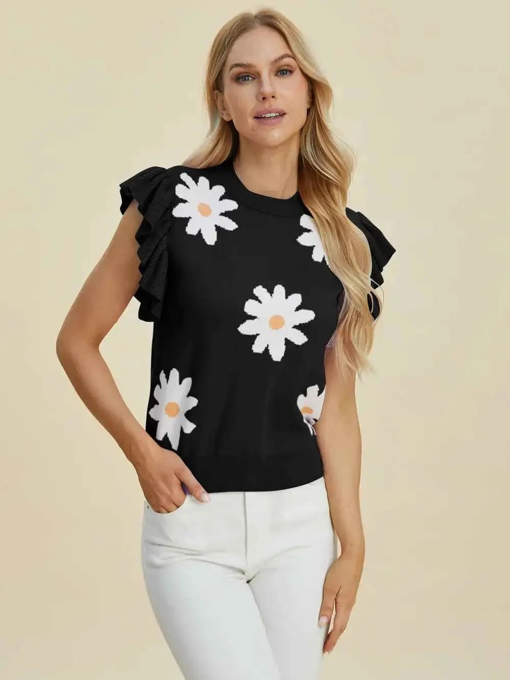 Ruffled Flower Round Neck Cap Sleeve Sweater.