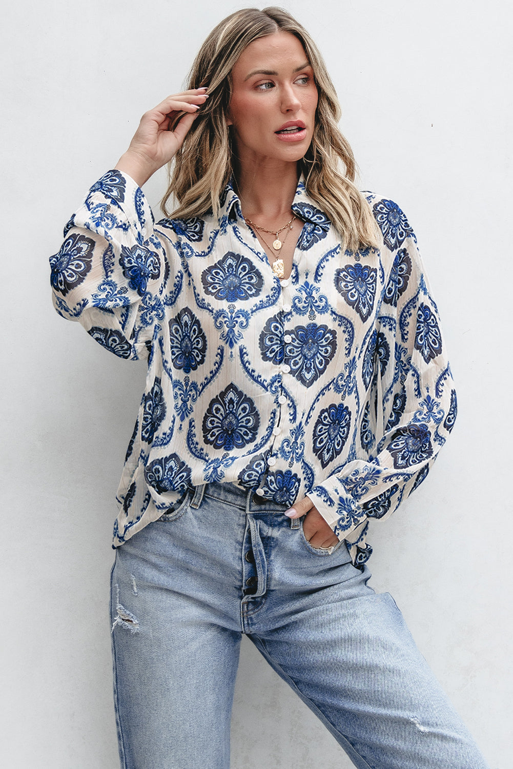 Blue Tribal Pattern Buttoned Front Loose Shirt Dear-Lover Dropshipping