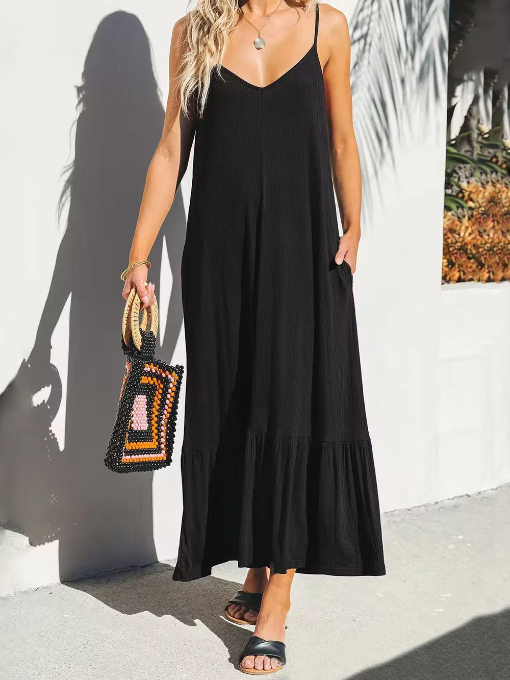 V-Neck Ruffled Hem Midi Cami Dress.