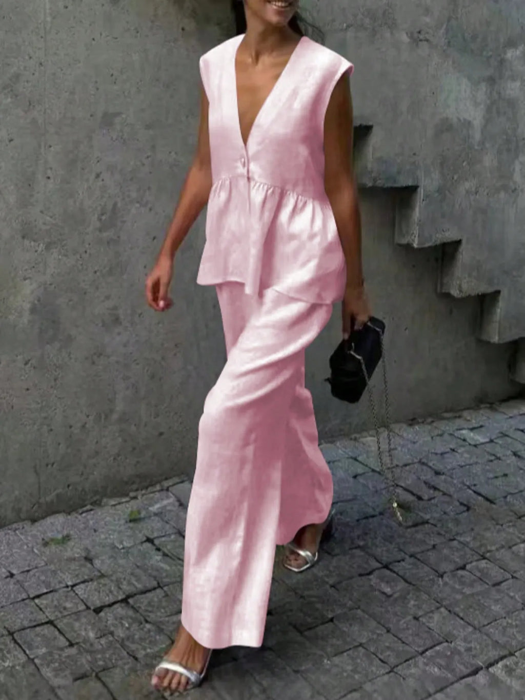 Button Down Peplum Vest and Pants Set.