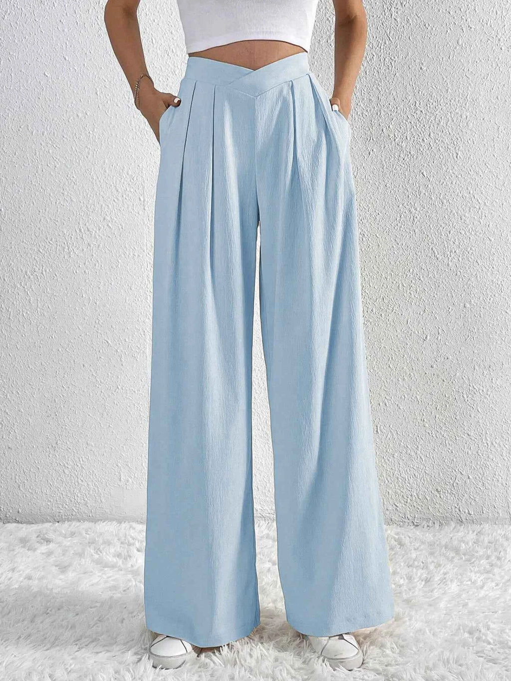 V-Waisted Ruched Front Wide Leg Pants.