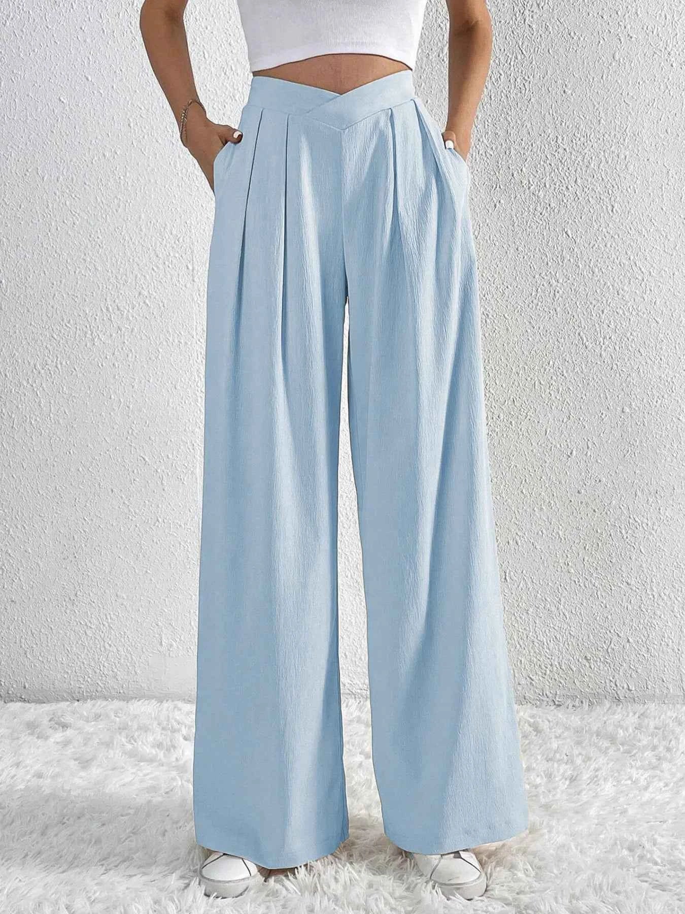 V-Waisted Ruched Front Wide Leg Pants.