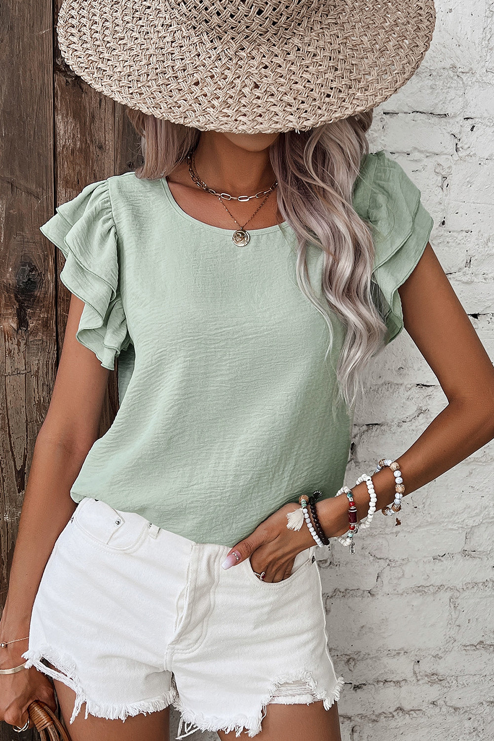 Clearly Aqua Solid Color Ruffled Short Sleeve Casual Blouse Dear-Lover Dropshipping
