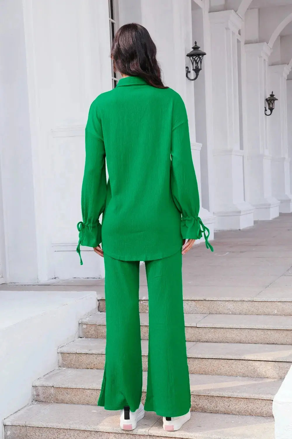 Drawstring Flounce Sleeve Shirt and Pants Set.