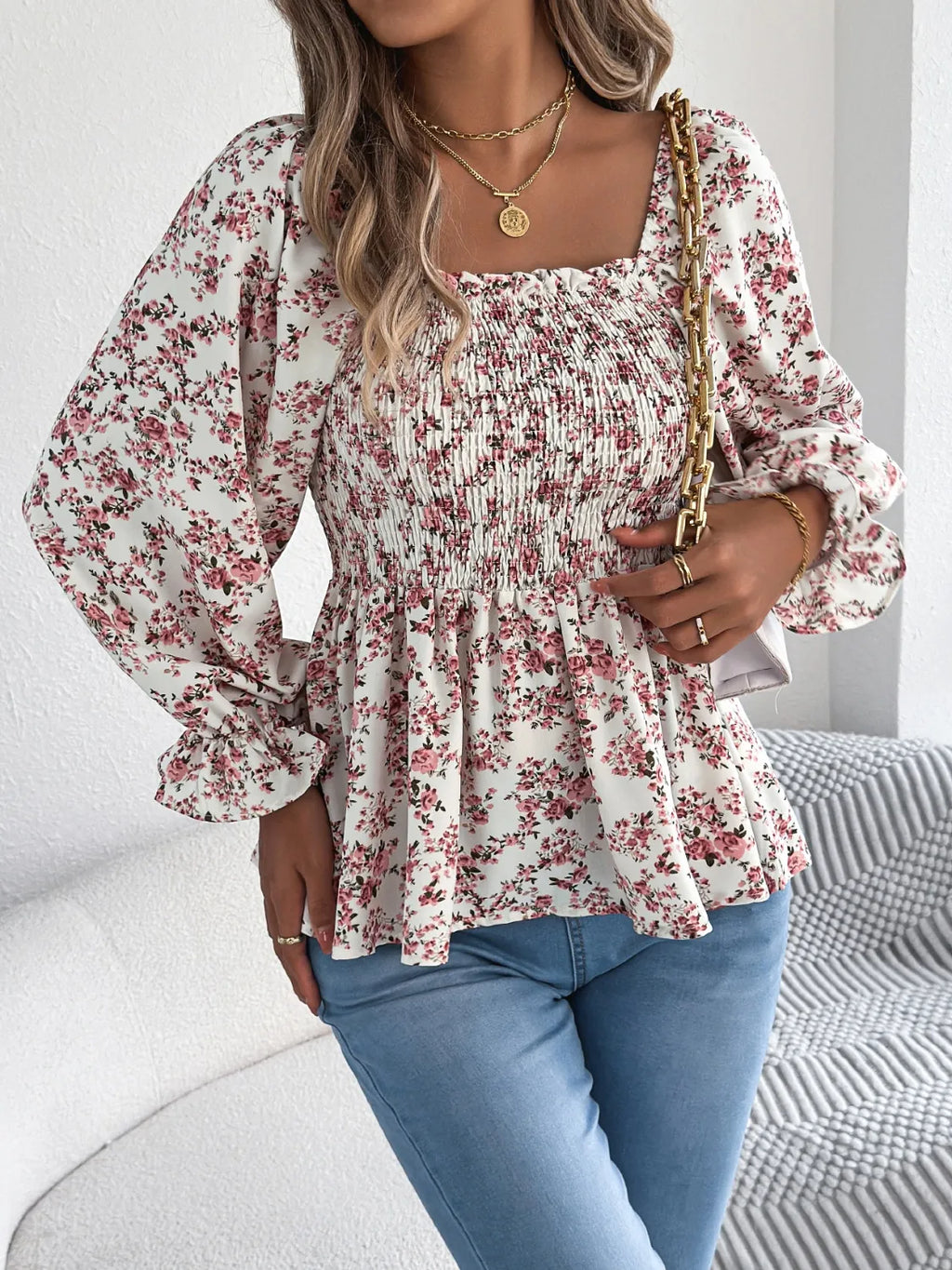 Floral Square Neck Flounce Sleeve Blouse.