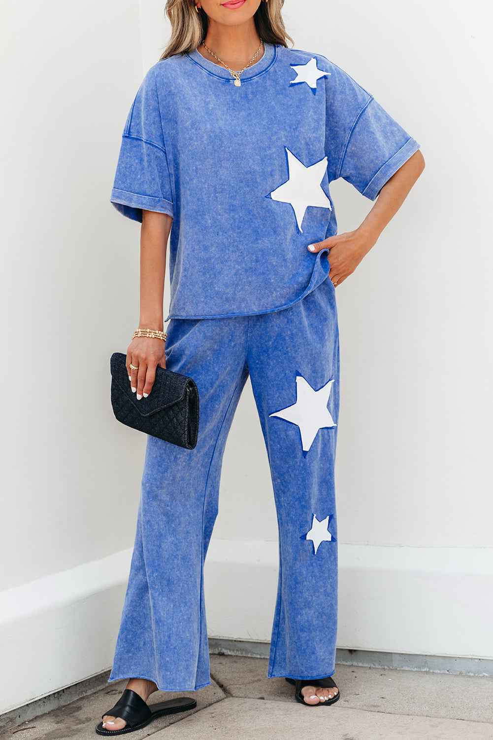 Ashleigh Blue Acid Wash Star Patched Rolled Trim Pants Set
