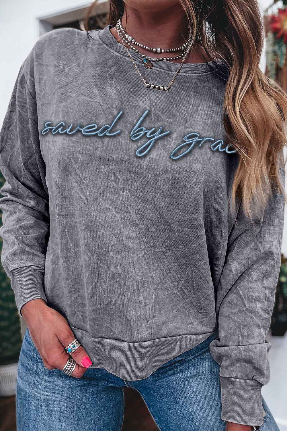 High-rise saved by grace Letter Embroidery Mineral Wash Loose Sweatshirt