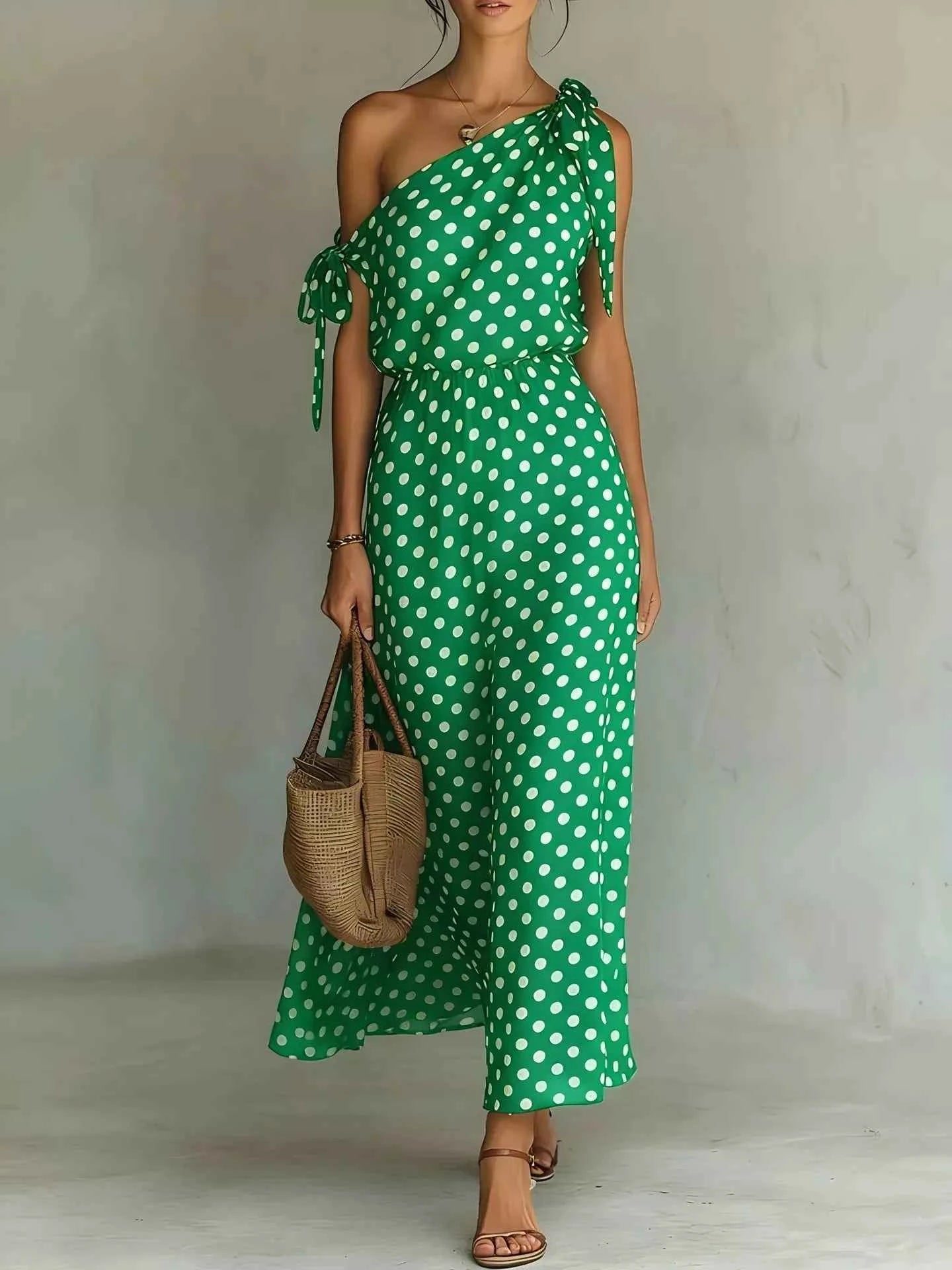 Full Size Polka Dot One-Shoulder Maxi Dress with Tie Details Plus Size