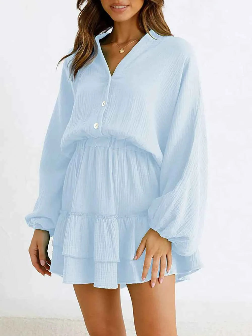 Ruffled Notched Balloon Sleeve Mini Dress.