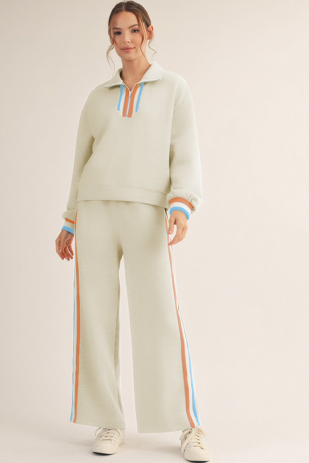 Apricot Striped Patchwork Quarter Zip Pullover Loose Pant Set