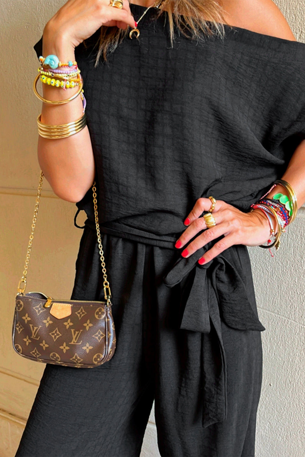 Black Checkered Mesh One Shoulder Short Sleeve Knotted Waist Jumpsuit Dear-Lover Dropshipping