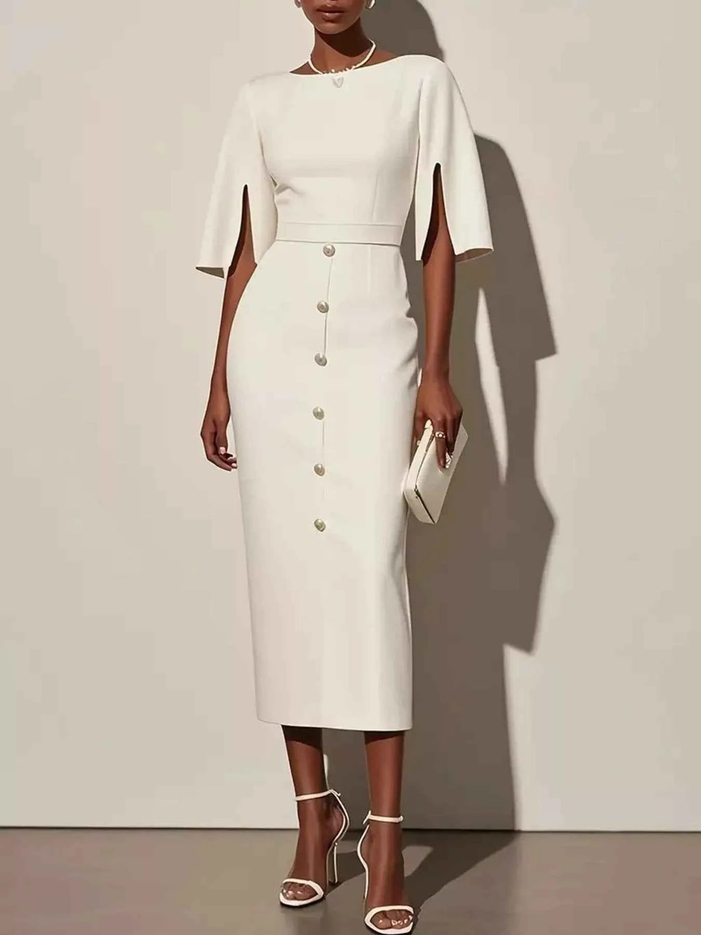 Slit Sleeve Midi Dress with Decorative Button