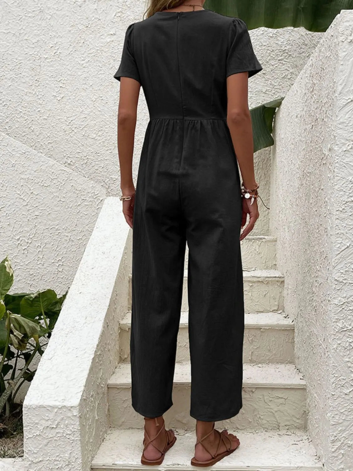 V-Neck Short Sleeve Wide Leg Jumpsuit.