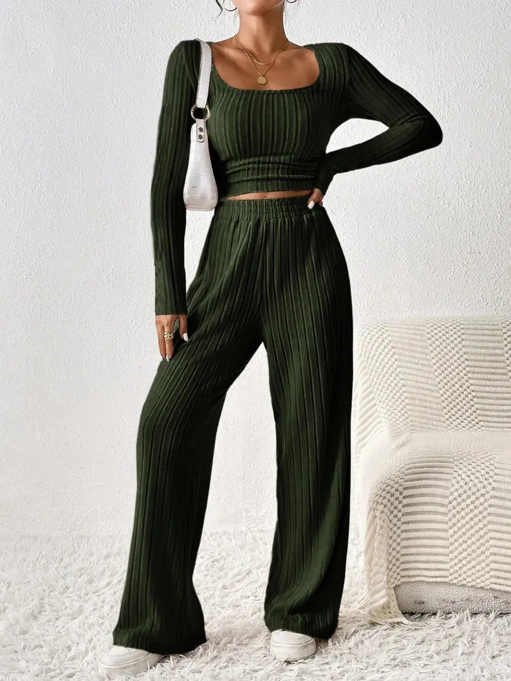 Honey Scoop Neck Long Sleeve Top and Pants Set.